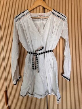 Lemlem White Mini Dress with Black Trim and Tie Belt